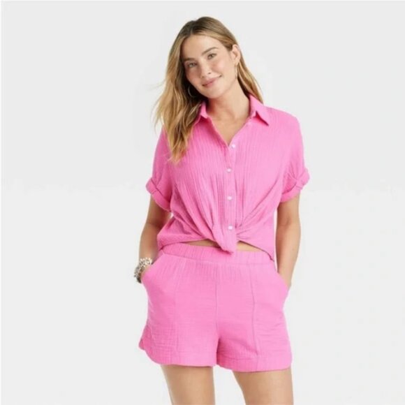 Short Sleeve Collared Twist-Front Button-Down Shirt - Universal Thread™ Pink XS - Picture 1 of 8